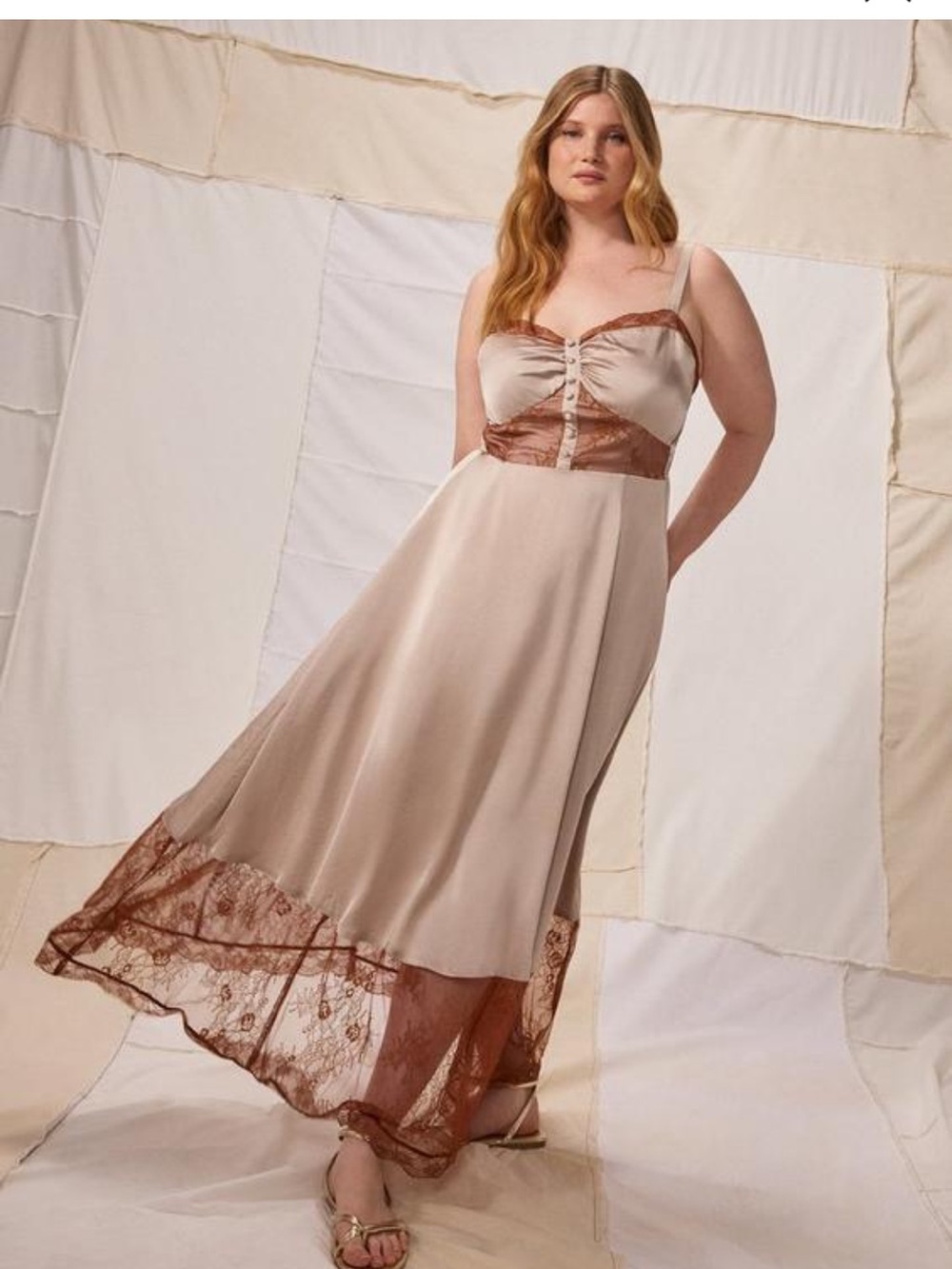 torrid Beige Satin Maxi Dress with Brown Lace Trim